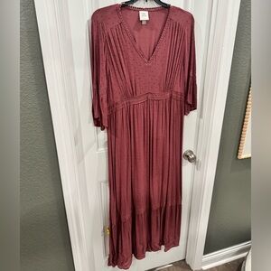 Knox Rose Mauve Swiss Dot Boho Maxi Dress XXL V-Neck Flutter Sleeves